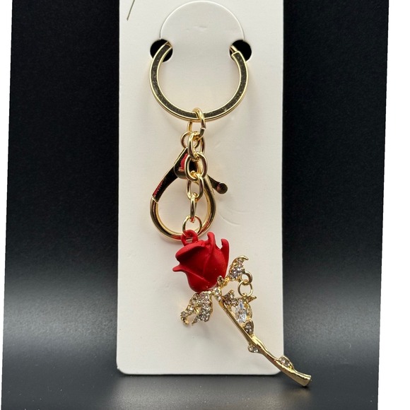 Accessories - Gold Tone Red Rose Charm Keychain Crystal Accents‎